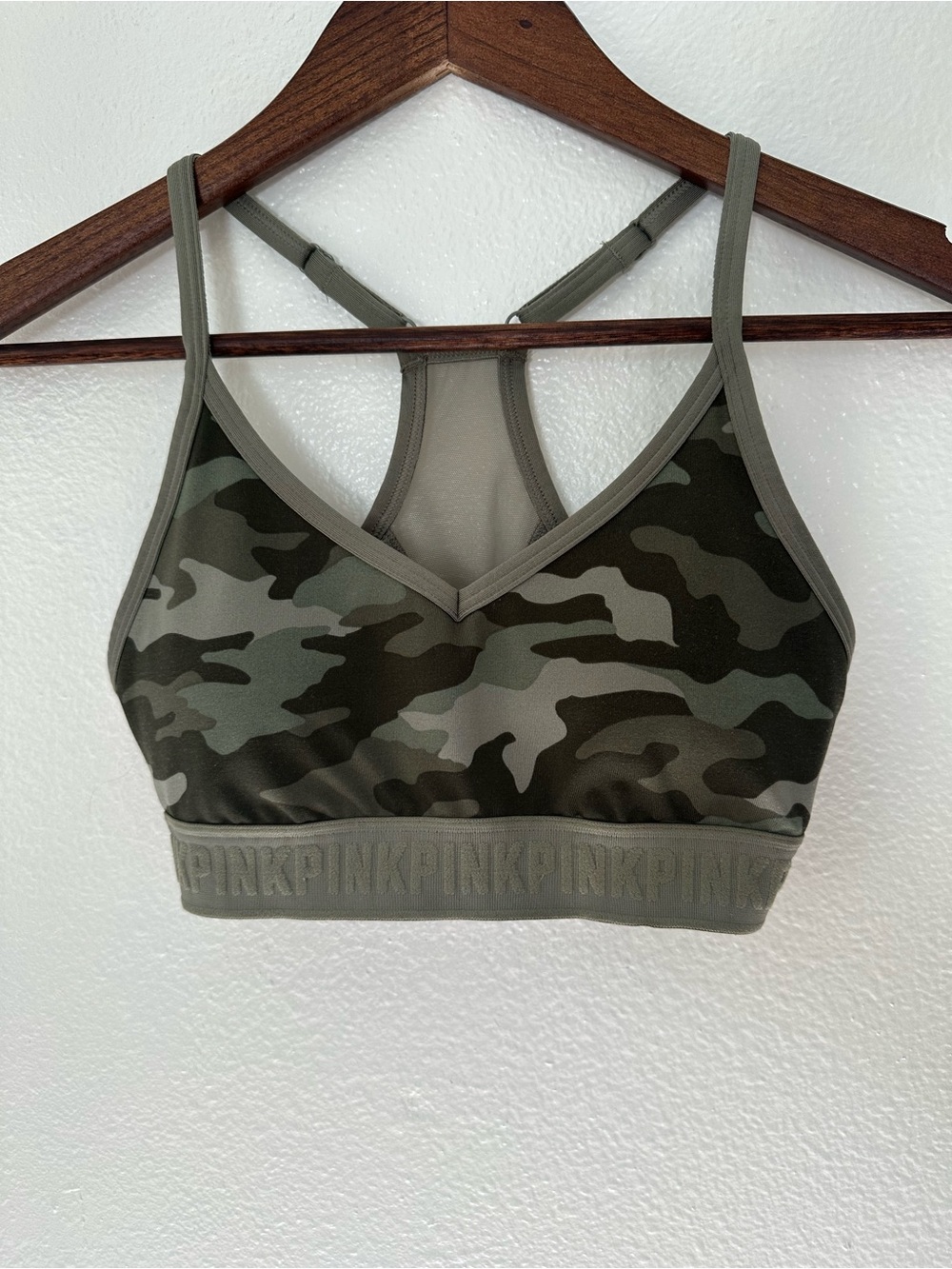 PINK Victoria's Secret Olive Green Camo V-Neck Sports Bra